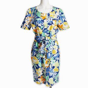 Guy Laroche Dress Bold Floral Print Cotton Sash Belt Vintage 80s
